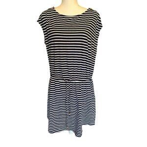 Michael Kors Women's Striped Dress Sz Large White Navy Blue Cotton Blend Stretch
